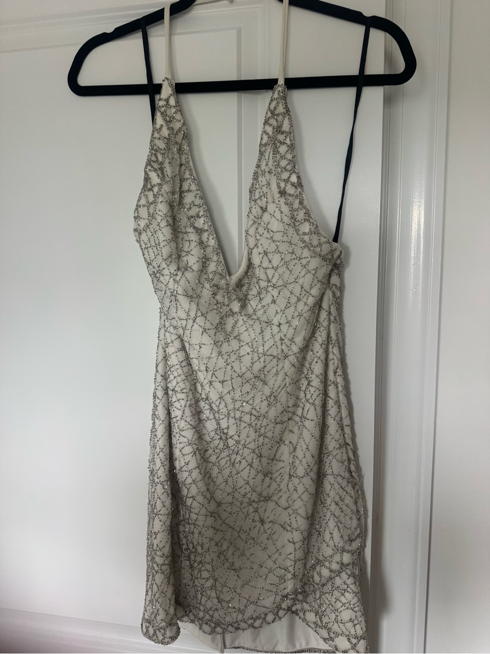 NBD Beaded V-Neck Slip Dress - Ivory with Silver Beading
